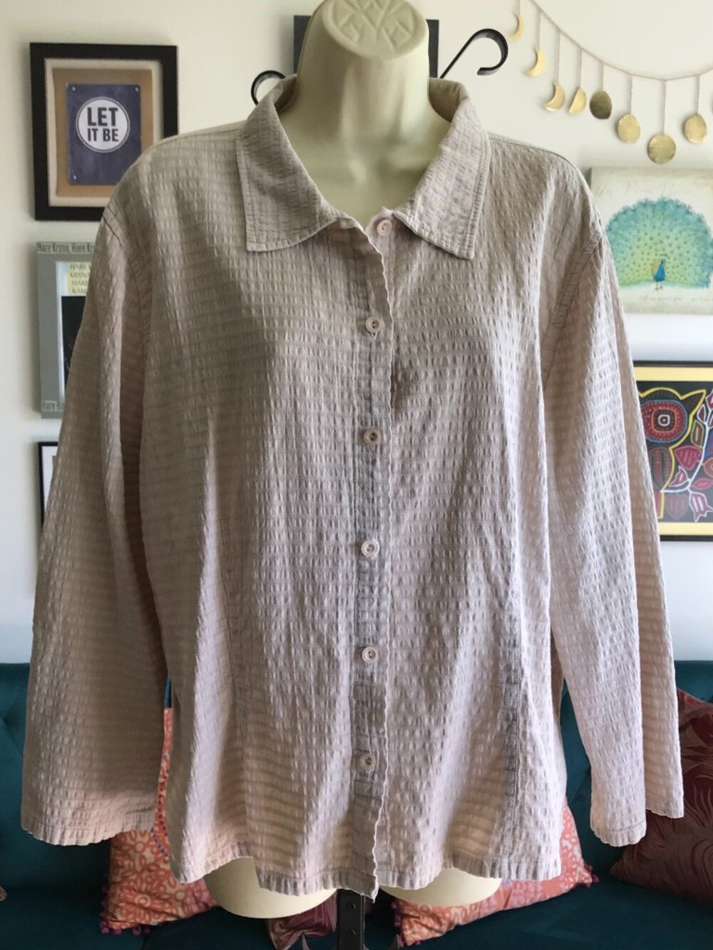 FOCUS size XL Beige Textured Cotton 3/4 Sleeve Button Front Blouse Top